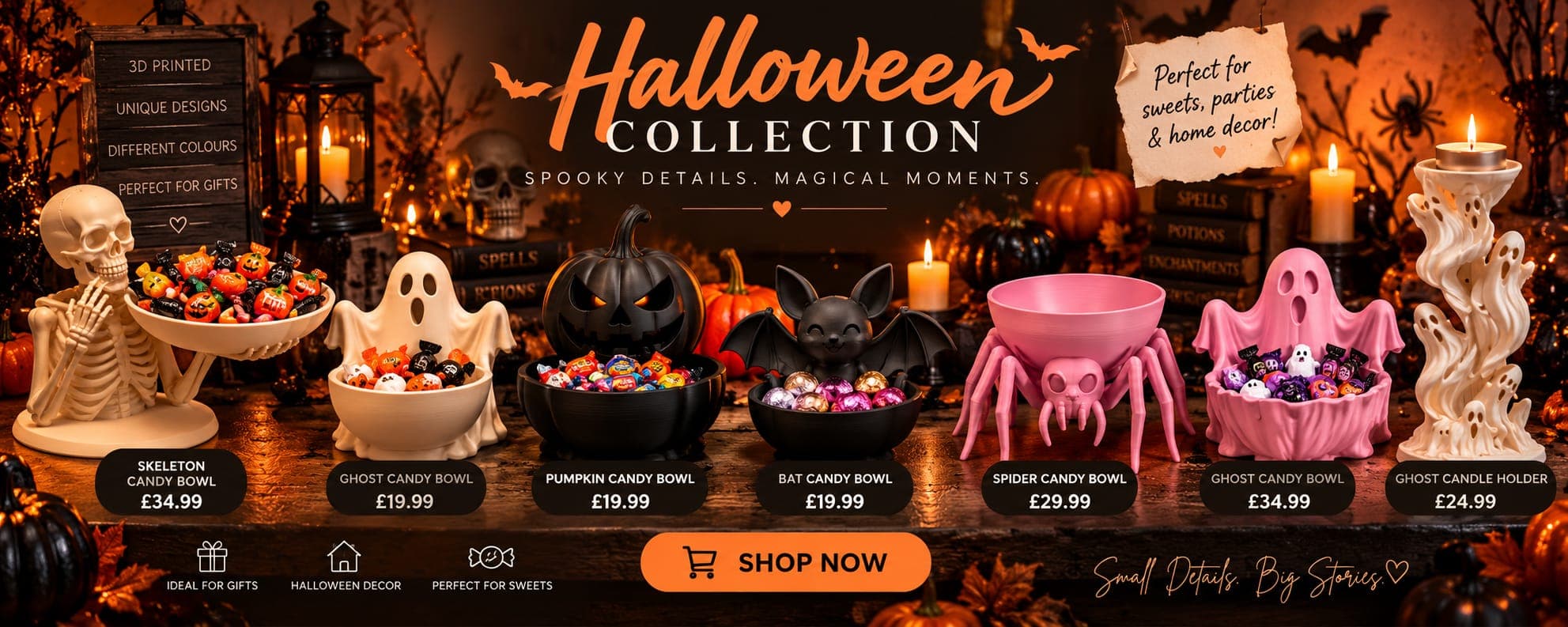 Never Settle Saga Halloween Collection: skeleton, ghost, pumpkin, bat and spider candy bowls, and a ghost candle holder
